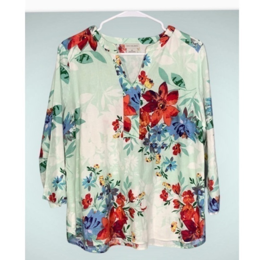 Van Heusen Mint Green & Orange Floral Linen Blend Split Neck Blouse M